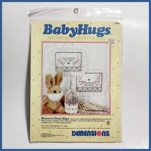Vtg Dimensions BabyHugs Awake/Sleeping Bunnies Door Sign Cross Stitch Kit #4608